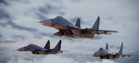 Three advanced military fighter jets flying in formation through cloudy sky, showcasing air force...