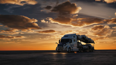 3D rendering of a car carrier truck loaded with vehicles driving under dramatic sunset skyの写真素材