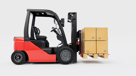 Red forklift carrying cardboard boxes on pallet 3D rendering industrial equipment studio white...