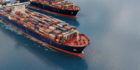 Aerial style 3D rendering of two cargo container ships fully loaded with containers sailing side by...