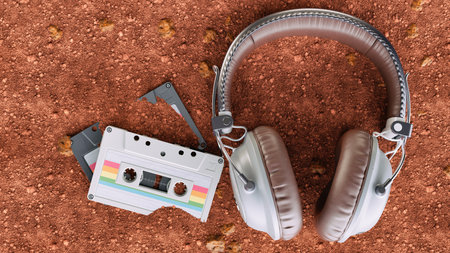 Retro white cassette and brown headphone placed on earthy soil surface nostalgic still life concept of vintage soundの写真素材