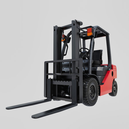 Industrial forklift truck front view with raised forks isolated on white background equipment for warehouse pallet lifting loading unloading and material handling workの写真素材