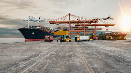 Cargo ship next to container cranes at wide seaport terminal with empty concrete foreground concept for shipping dock storage yard export import and global logisticsの写真素材