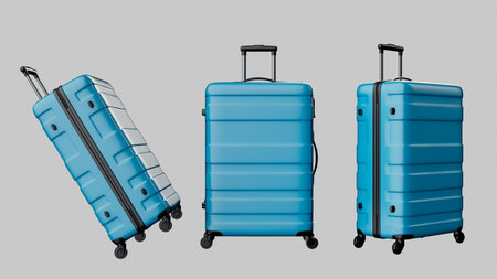 Modern blue hard case suitcases collection. 3D render illustration isolated for summer vacation, airline travel, and holiday trip advertising.の写真素材