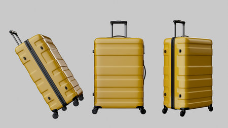 Vibrant yellow hard shell suitcases in various views. Professional 3D render illustration for youth travel, summer adventure, and trendy luggage marketing.の写真素材