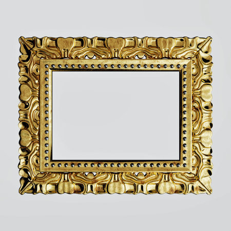 High quality ornate golden vintage picture frame mockup for art gallery display, 3D render,...