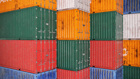 3D render illustration of colorful freight containers stacked. Logistics, global trade,...