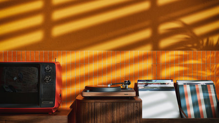 Vintage room interior featuring turntable and vinyl records. Sun light window shadow on yellow wall....