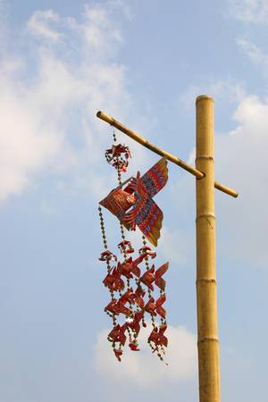 plaited bamboo carp under blue sky with cloud in Thailandの写真素材