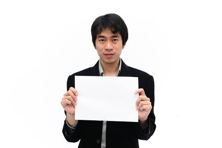 Businessman with blank clipboard isolated on white background の写真素材