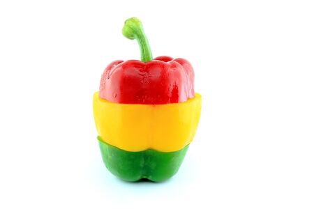 Mix colorful Green Red Yellow paprika peppers with water drops isolated on white background の写真素材