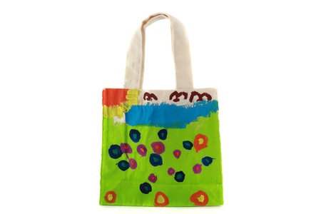White cotton bag with nature paint by childの写真素材