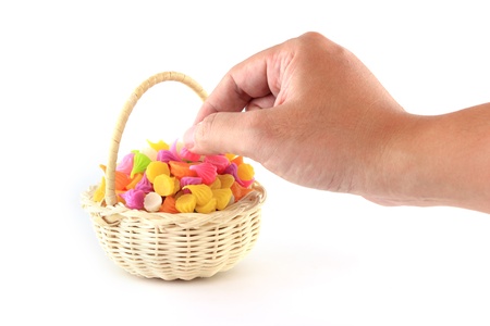 Hand keep colorful sweetness Thai style dessert in basketの写真素材