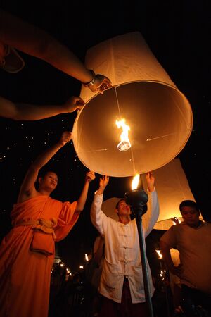 CHIANGMAI, THAILAND - OCTOBER 11:Thai monk floating lamp . OCTOBER 29,2011 in TUDONGKASATARN, Chiangmai, Thailand.のeditorial素材