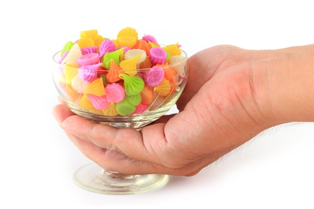 Hand keep Colorful sweetness Thai style dessert in glassの写真素材