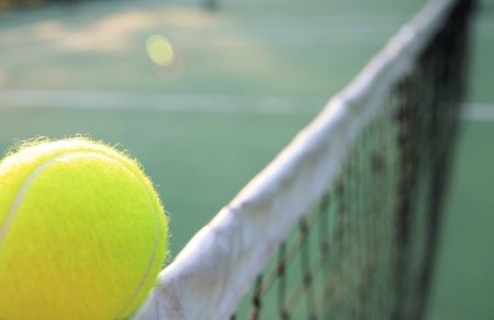 Tennis ball on netの写真素材
