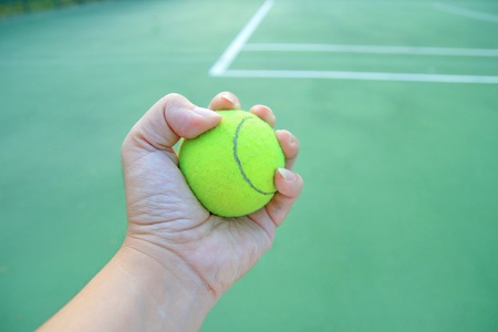 Tennis ball in handの写真素材