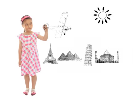 Adorable girl drawing air travel Around the worldの写真素材