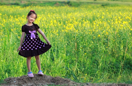 Portrait of beautiful happy little girl in a field of yellow flowersの写真素材