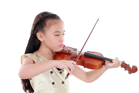 Little girl with violin isolated on white backgroundの写真素材