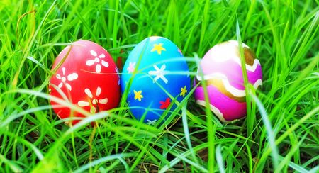 easter eggs on green grass