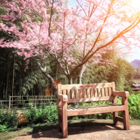 Tranquil garden bench under cherry blossom tree oil paintの写真素材