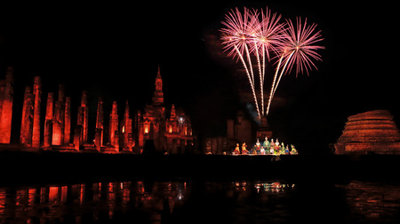 Fireworks Loykrathong Festival in Sukhothai Historical Park, Thailandのeditorial素材