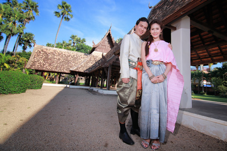 Couple thai dress in the old templeの写真素材
