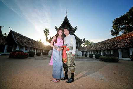 Couple thai dress in the old templeの写真素材