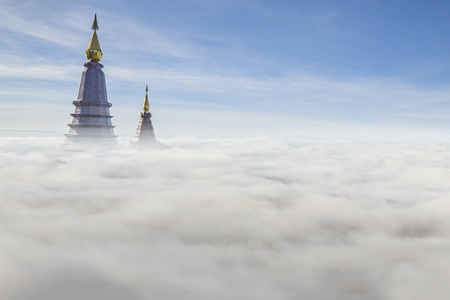 Landscape of two pagodas noppamethanedol noppapol phumsiri at inthanon mountain Chiang mai Thailandの写真素材
