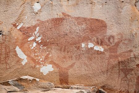 Ancient paintings at pha taem national park,Ubon Ratchathani Thailandの写真素材
