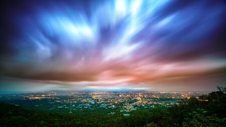 city night scape from the view point on top of mountain at sunrise chiang mai thailandの写真素材