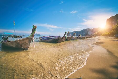 Longtail boat at famous sunny Long Beach, Krabi Thailand, Andaman seaの写真素材