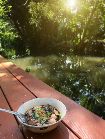 Bowl of noodles with the nature backgroundの写真素材