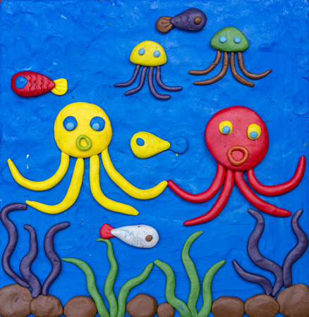 Colorful clay underwater world make by childrenの写真素材