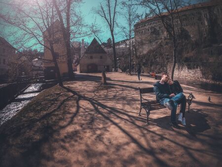 Czech Republic - APRIL 16,2019. Lovers at State Castle and Chateau ÄeskÃ½ Krumlov Czech Republic.のeditorial素材