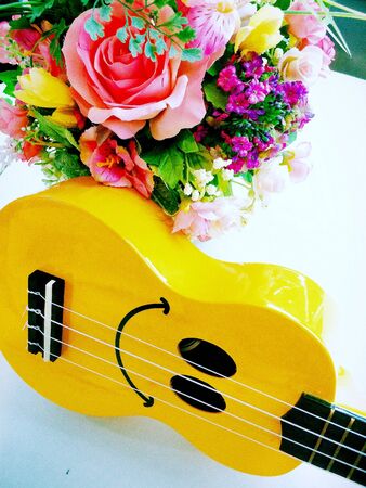 Ukulele and flowers on tableの素材