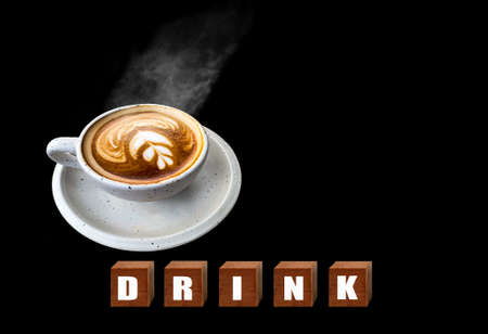 lettering drink on wooden cube block on black with copy space for your text , love coffee  concept