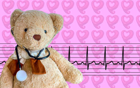 cute teddy doctor with stethoscope on neck with heart wave background with emphasizing copy space on the left side used for your display products or promotional. , life insurerance concept,の写真素材