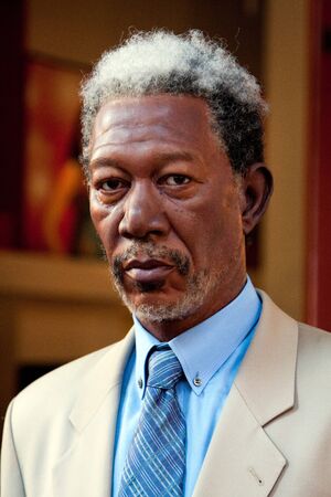 Morgan Freeman, Hollywood celebrity actor, wax statue at the Madame Tussauds museum in New York City Manhattan.のeditorial素材