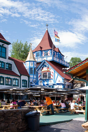 Helen, GA, USA - Aug. 31 2014: Octoberfest Beer garden in front of Old Heidelberg Restaurant, Alpine Helen, GA.のeditorial素材