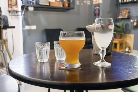 BANGKOK, Thailand -March 02, 2019 Beer bottles and beer mugs in restaurants