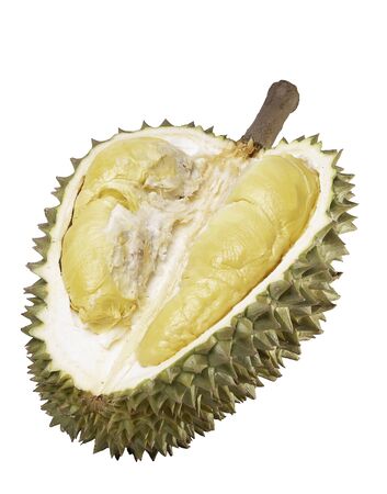 Durians cut through to see the yellow flesh. on the White Blackgroundの写真素材