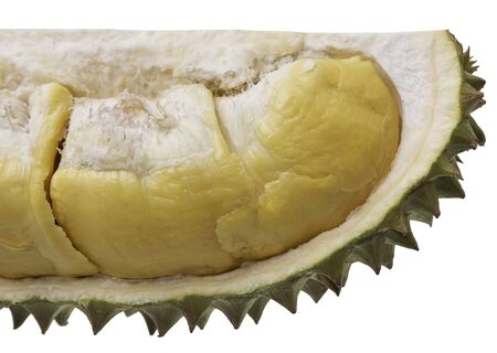 Durians cut through to see the yellow flesh. on the White Blackgroundの写真素材