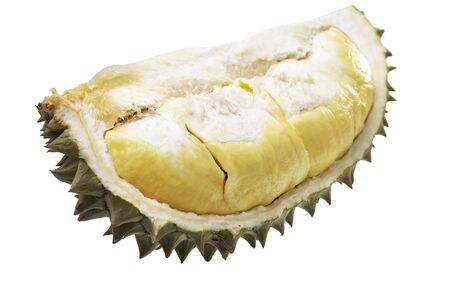 Durians cut through to see the yellow flesh. on the White Blackgroundの写真素材