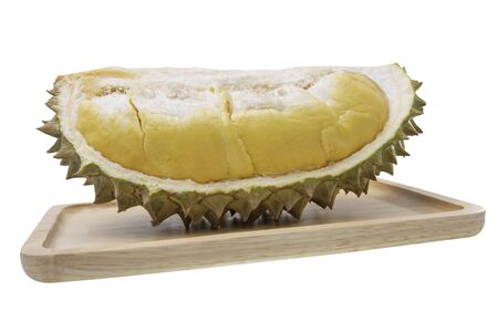 Durian  on wooden plates and white backgroundの写真素材