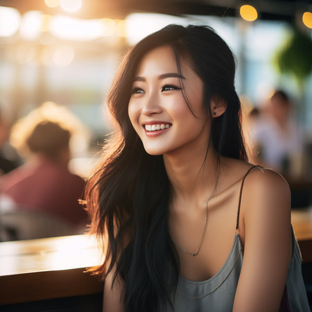 Asian girl in the restaurant with afternoon sunlight lit upの素材
