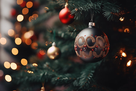 Decorated Christmas tree on blurred background with bokeh effectの素材