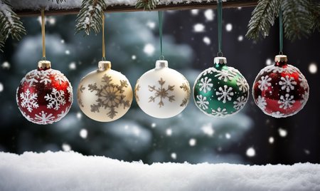 Christmas decoration hanging on tree branch in snow with falling snowflakesの素材