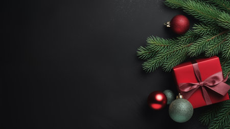 Black Christmas background with fir tree branches, red gift box and baubles. Copy space imageの素材